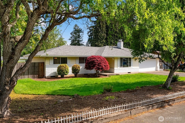 ranch-style home featuring fence, a garage, a chimney, and crawl space