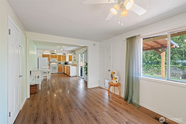 entrance foyer with a ceiling fan, a textured ceiling, dark wood-style flooring, and baseboards