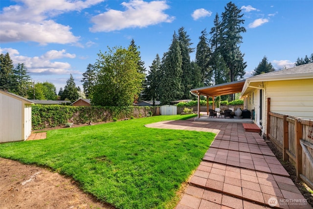 view of yard with a fenced backyard, a storage shed, a patio area, and an outdoor structure