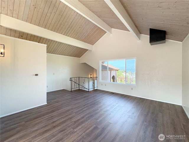 bonus room featuring baseboards, lofted ceiling with beams, dark wood finished floors, and wooden ceiling