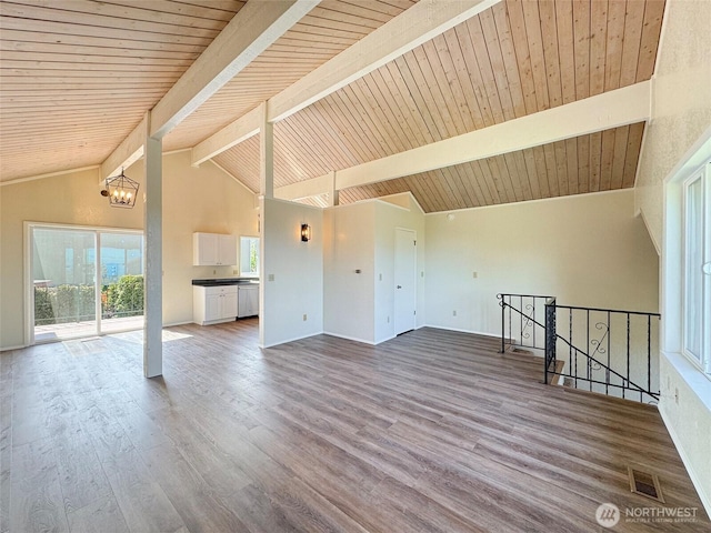 unfurnished living room with visible vents, wood finished floors, a chandelier, wooden ceiling, and lofted ceiling with beams