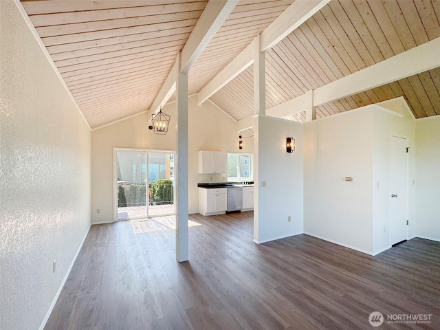 unfurnished living room with beam ceiling, a chandelier, dark wood finished floors, baseboards, and wood ceiling