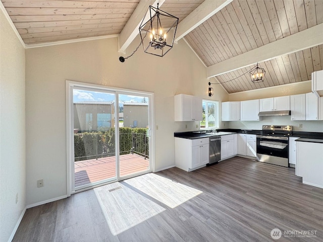 kitchen featuring under cabinet range hood, white cabinets, a chandelier, wooden ceiling, and appliances with stainless steel finishes
