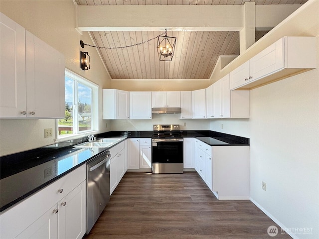 kitchen with dark countertops, appliances with stainless steel finishes, a sink, under cabinet range hood, and wood ceiling
