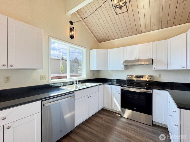 kitchen with dark countertops, vaulted ceiling with beams, under cabinet range hood, wooden ceiling, and stainless steel appliances