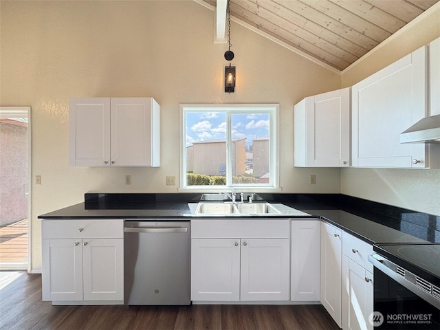 kitchen with dishwasher, a sink, wooden ceiling, lofted ceiling, and black range with electric cooktop