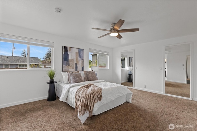 bedroom featuring carpet, baseboards, and ceiling fan