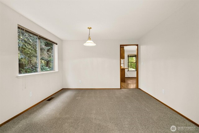 empty room featuring visible vents, carpet, and baseboards