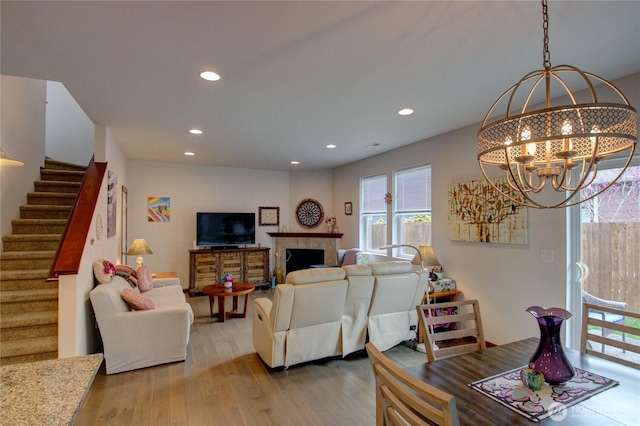 454 S 48th St, Mount Vernon, WA 98274 - living area with stairs, recessed lighting, a chandelier, and light wood-type flooring