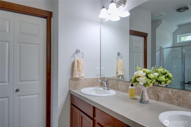 454 S 48th St, Mount Vernon, WA 98274 - bathroom featuring visible vents, a shower stall, vanity, a closet, and an inviting chandelier
