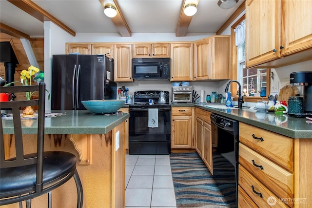 121 Sunstone Rd, Packwood, WA 98361 - kitchen with a sink, black appliances, dark countertops, and beamed ceiling