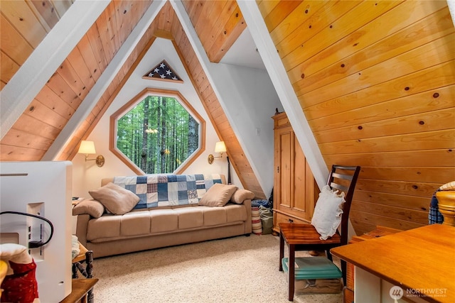 121 Sunstone Rd, Packwood, WA 98361 - interior space featuring carpet, lofted ceiling, and wooden ceiling