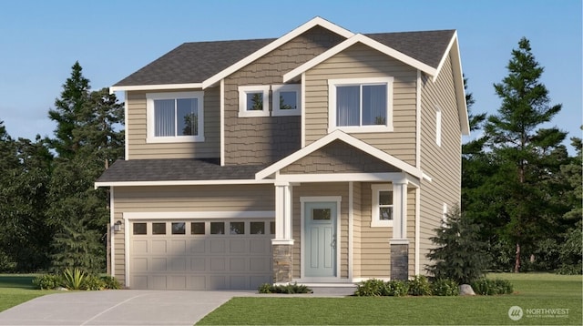 craftsman-style house with roof with shingles, an attached garage, concrete driveway, and a front lawn