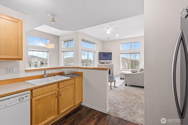 kitchen featuring white dishwasher, a sink, a peninsula, open floor plan, and dark wood-style floors