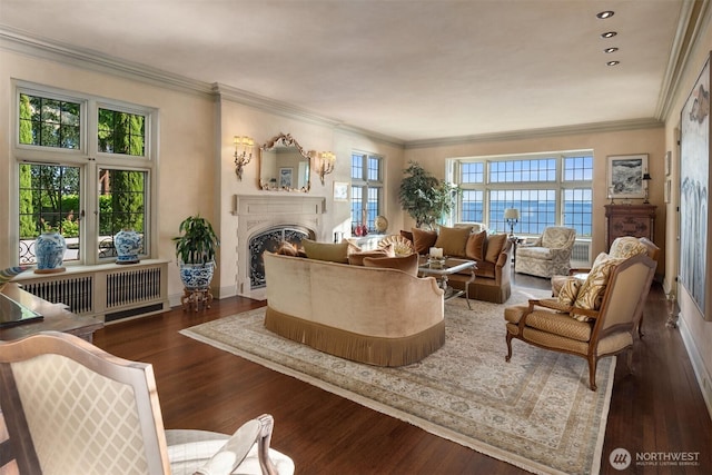 living room featuring a fireplace, crown molding, baseboards, and hardwood / wood-style floors