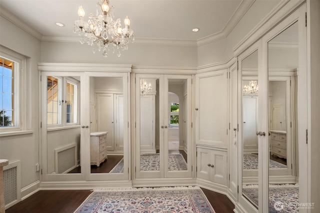 mudroom featuring a chandelier, crown molding, a healthy amount of sunlight, and dark wood finished floors