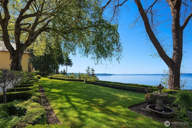 view of yard with a water view