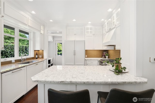 kitchen with a sink, white cabinetry, and premium range hood