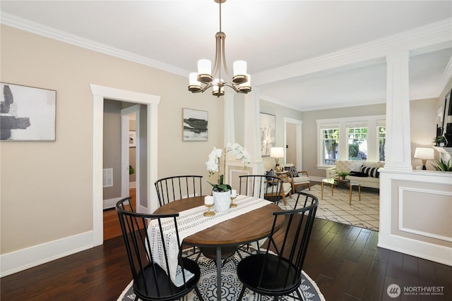dining area with crown molding, baseboards, a chandelier, ornate columns, and dark wood-type flooring