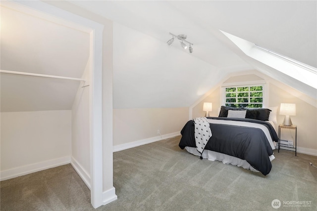 bedroom featuring carpet flooring, baseboards, and lofted ceiling with skylight