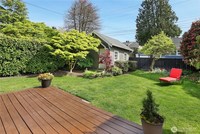 view of yard featuring fence and a wooden deck