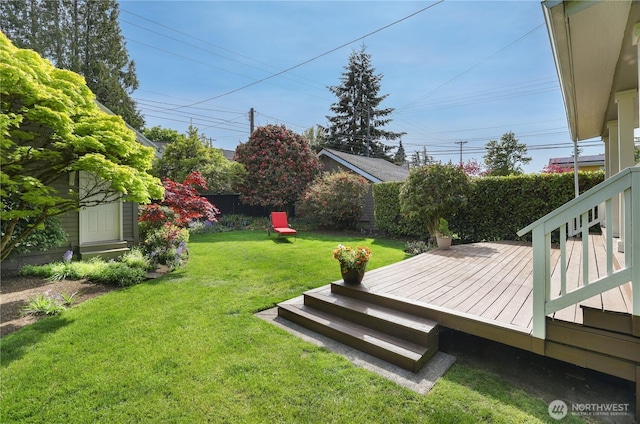 view of yard with fence and a deck