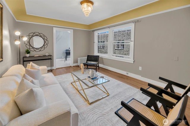 living area with radiator heating unit, baseboards, and wood finished floors