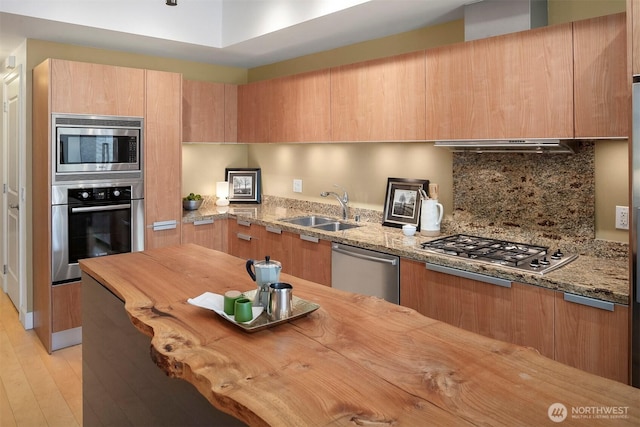 kitchen with backsplash, modern cabinets, a sink, light stone counters, and stainless steel appliances