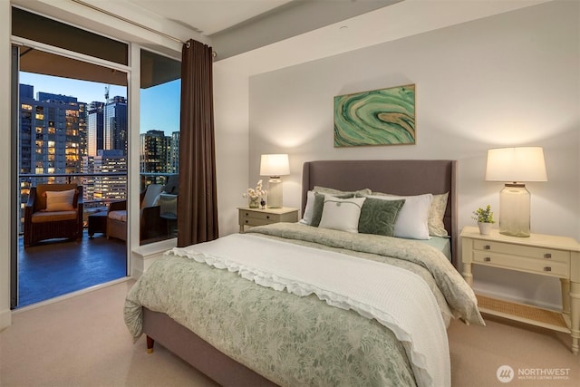 carpeted bedroom featuring access to outside and a view of city