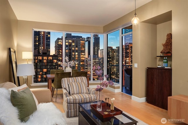 interior space with baseboards, a city view, and wood finished floors