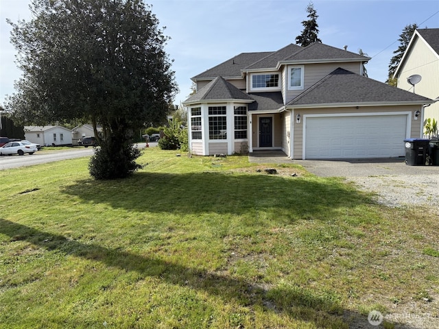 traditional-style home with a garage, a shingled roof, gravel driveway, and a front yard
