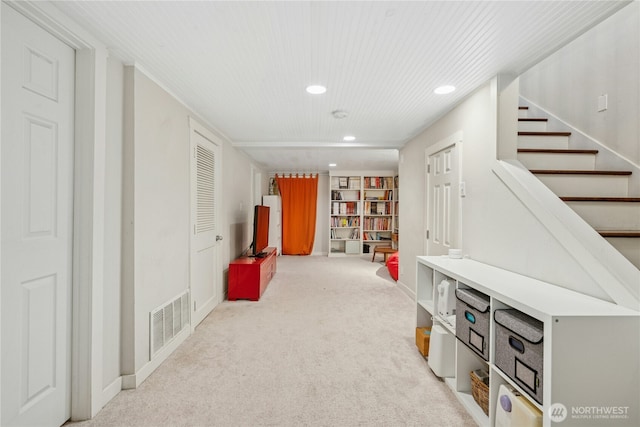 rec room with baseboards, light colored carpet, recessed lighting, and visible vents