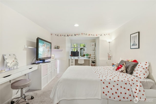 bedroom featuring recessed lighting and light colored carpet