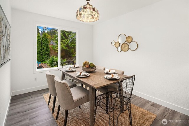 dining space with baseboards and wood finished floors