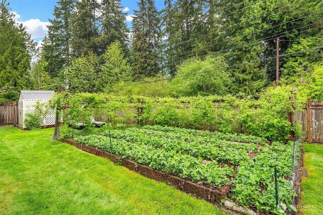 view of yard with a fenced backyard and a garden