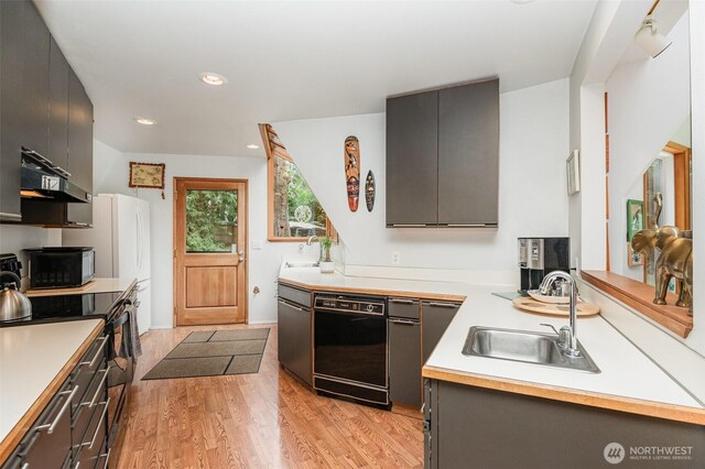 kitchen with a sink, light countertops, light wood-style flooring, under cabinet range hood, and black appliances