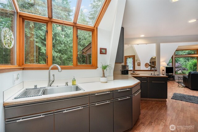 kitchen featuring wood finished floors, a sink, light countertops, a peninsula, and open floor plan