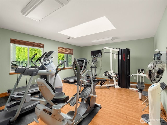 gym with baseboards, wood finished floors, and a skylight