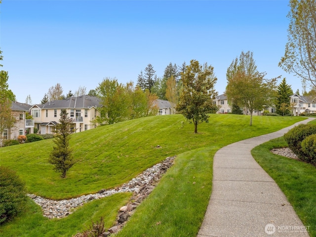 view of property's community with a lawn and a residential view