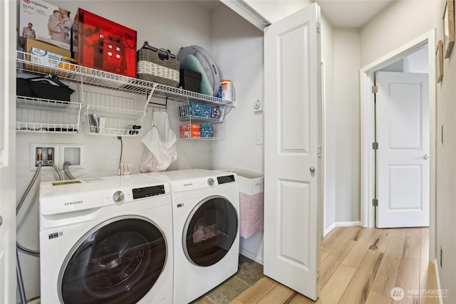 15720 Manor Way Unit C5, Lynnwood, WA 98087 - laundry area with light wood-style flooring, washing machine and clothes dryer, and baseboards