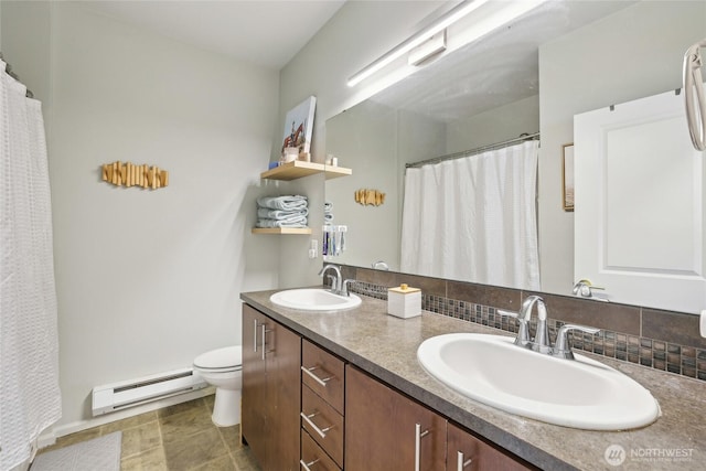 15720 Manor Way Unit C5, Lynnwood, WA 98087 - full bathroom featuring baseboard heating, toilet, double vanity, curtained shower, and baseboards
