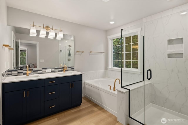bathroom with a sink, plenty of natural light, and wood finished floors