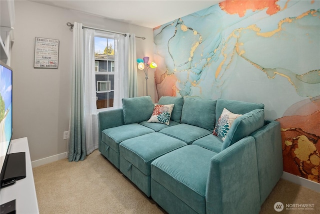 living room with baseboards and light carpet