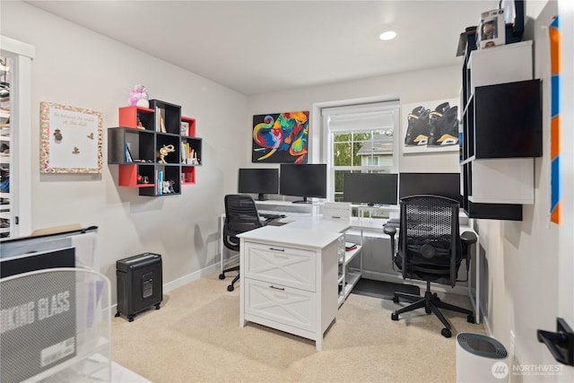 home office with recessed lighting, baseboards, and light carpet