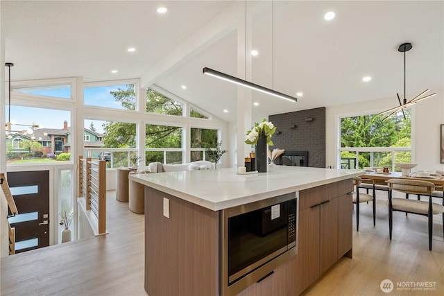 kitchen featuring a healthy amount of sunlight, light wood finished floors, modern cabinets, and built in microwave