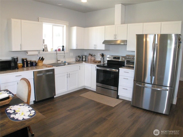 27510 X Ln, Ocean Park, WA 98640 - kitchen featuring under cabinet range hood, white cabinetry, appliances with stainless steel finishes, and a sink