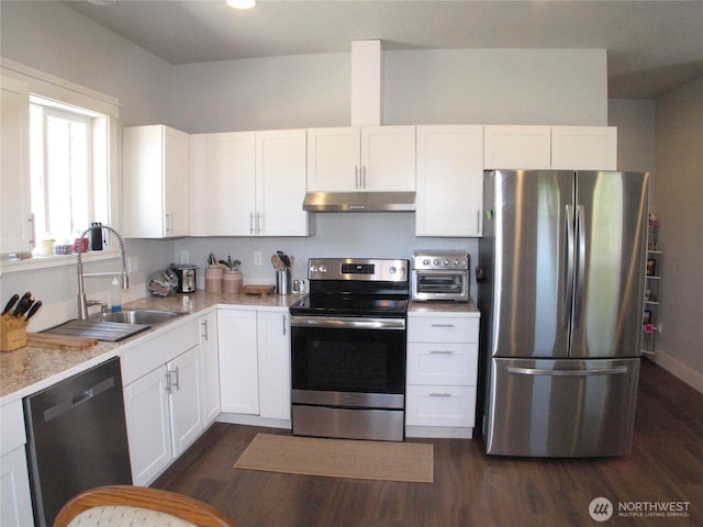 27510 X Ln, Ocean Park, WA 98640 - kitchen with appliances with stainless steel finishes, a sink, under cabinet range hood, white cabinetry, and dark wood-type flooring