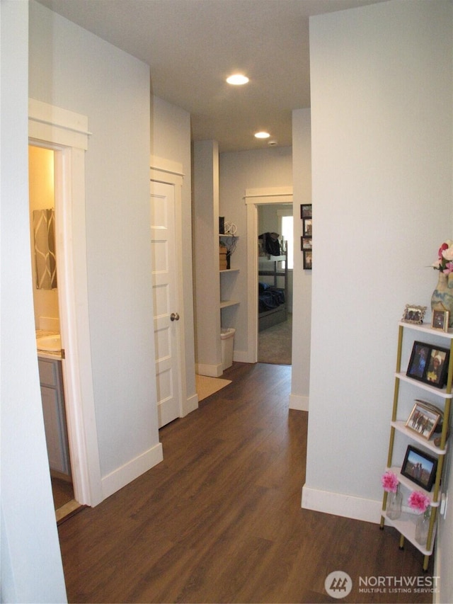 27510 X Ln, Ocean Park, WA 98640 - hall with recessed lighting, baseboards, and dark wood-style floors