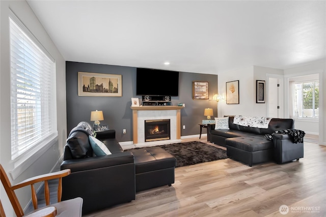 living area with baseboards, a fireplace, and wood finished floors