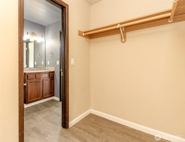 spacious closet with a sink and light wood-style flooring